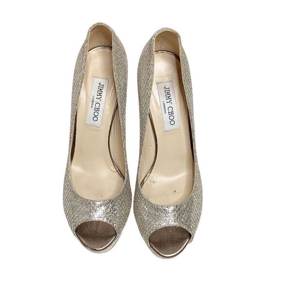 Jimmy Choo Gold Champagne Glitter Luna Peep Toe Platform Pumps Women’s Size 38.5 - Picture 6 of 16